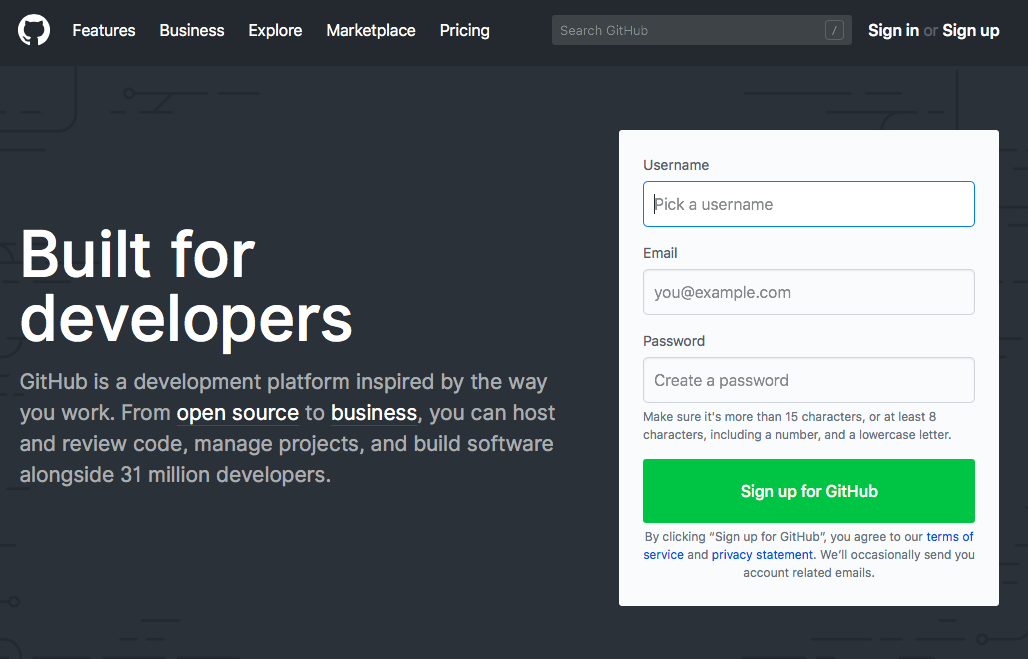 Homepage van github met mogelijkheid account aan te maken of in te loggen